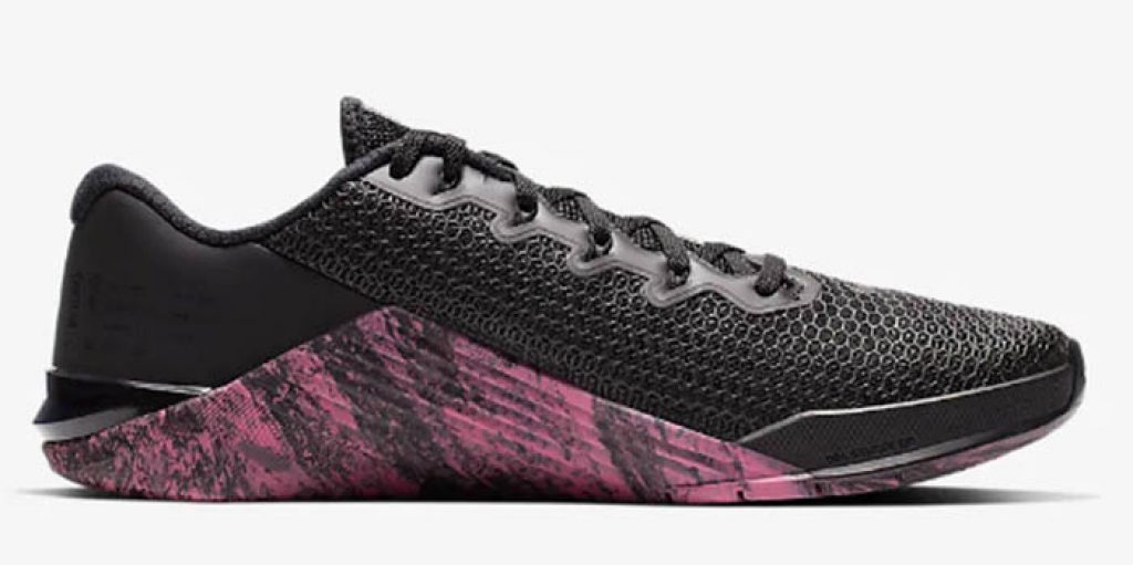 Nike Metcon 5 training shoe with black upper and black and pink out sole